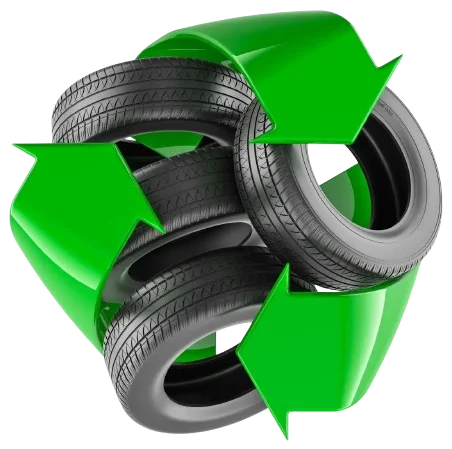 Three black tires are arranged in a triangle, with large green arrows forming a recycling symbol around them, representing tire recycling or reuse.